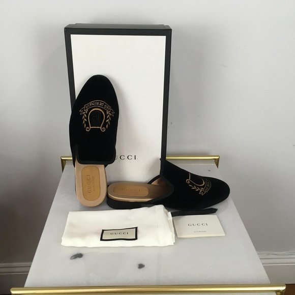 Gucci Men’s Slippers Princetown Shoes Velvet Embroidered Pas De Rumeur Sz 8 DM19 - Picture 10 of 11
